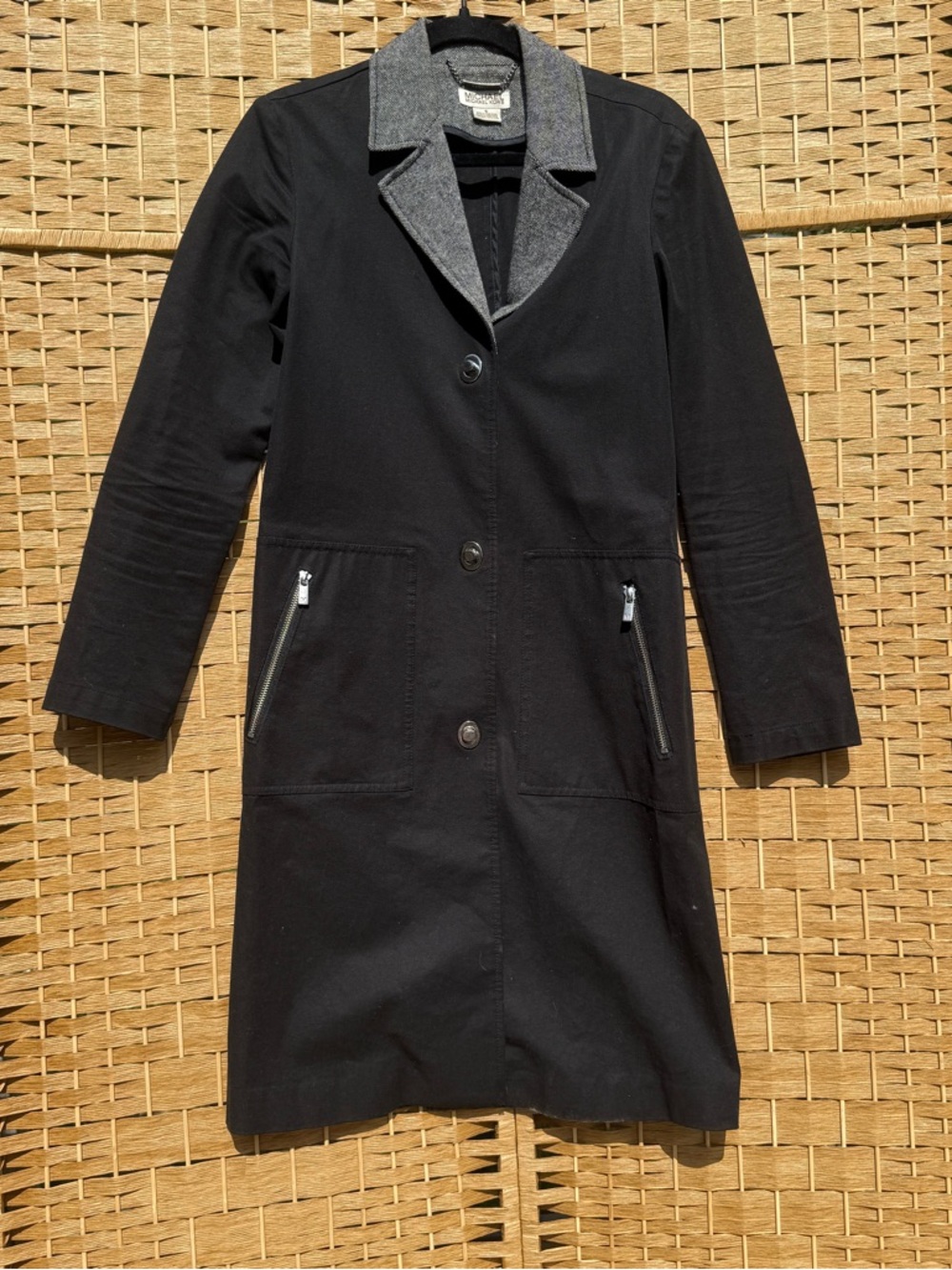 Michael Kors Black Trench Coat with Gray Contrast Collar Women’s Small